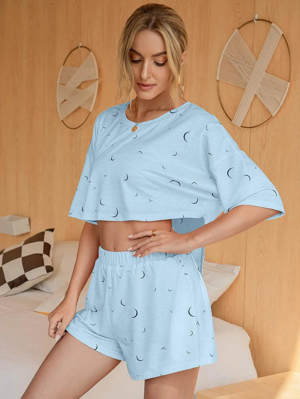Moon Print T-Shirt and Shorts Lounge Set Light Blue Loungewear Sets - Tophatter Daily Deals