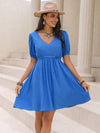 Tied Swiss Dot V-Neck Short Sleeve Dress Blue Casual Dresses - Tophatter Daily Deals