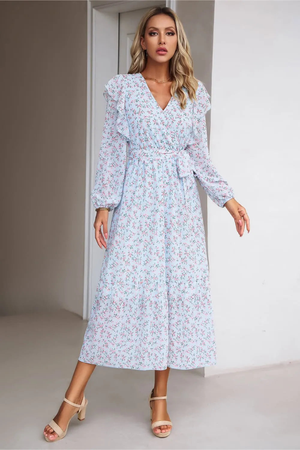 Surplice Neck Balloon Sleeve Midi Dress Pastel Blue Casual Dresses - Tophatter Daily Deals