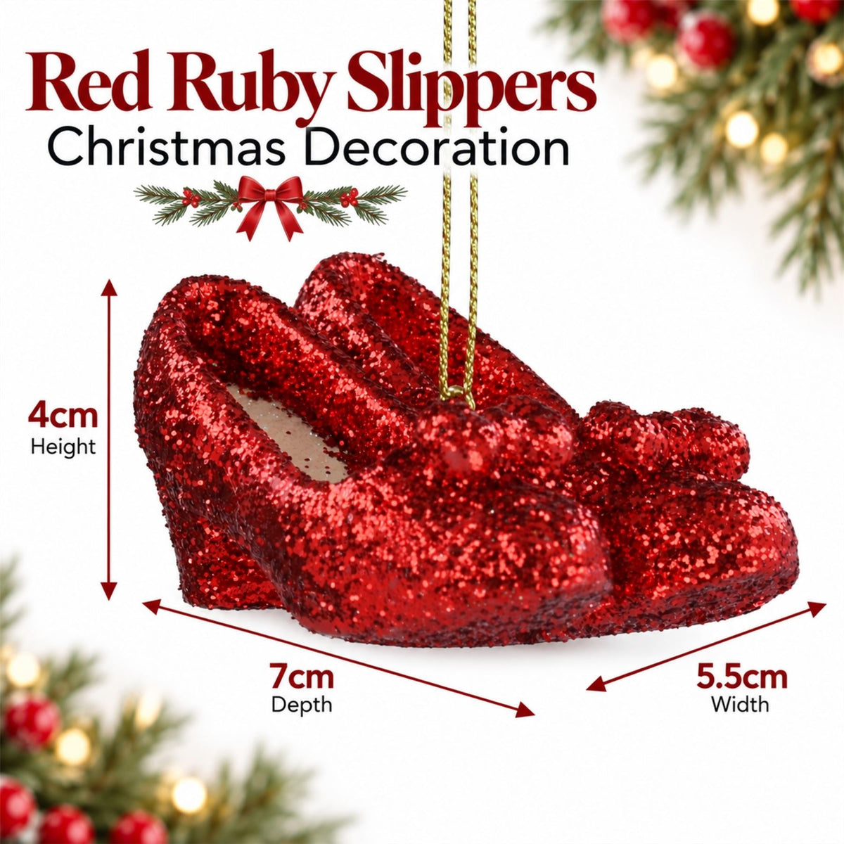 Ruby Slippers Christmas Tree Decoration, Gisela Graham Red Glitter Ornament 7cm Baubles - Tophatter Daily Deals