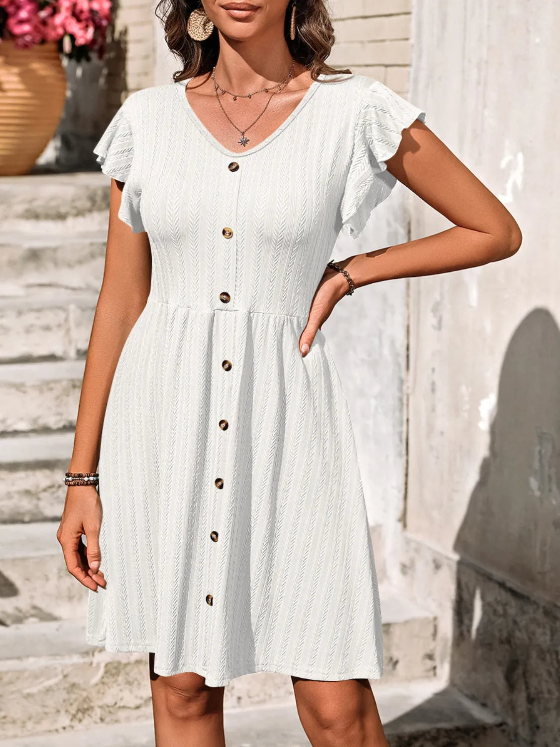 Decorative Button Ruffled V-Neck Dress White Casual Dresses - Tophatter Daily Deals