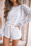 Striped Round Neck Top and Drawstring Shorts Lounge Set White Loungewear Sets - Tophatter Daily Deals