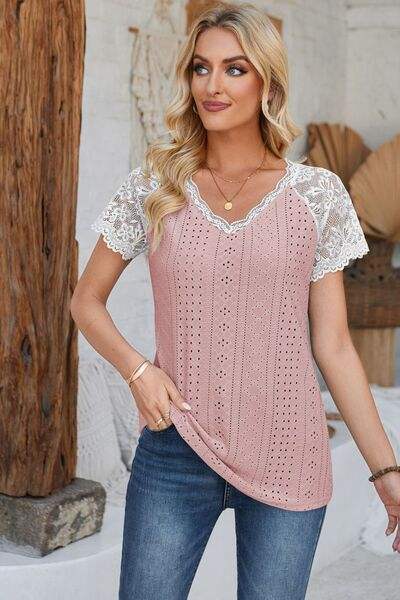 Eyelet V-Neck Lace Short Sleeve T-Shirt Dusty Pink Women's T-Shirts - Tophatter Daily Deals