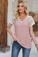 Eyelet V-Neck Lace Short Sleeve T-Shirt Dusty Pink Women's T-Shirts - Tophatter Daily Deals