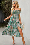 Bohemian Off-Shoulder Frill Trim Split Dress Green Casual Dresses - Tophatter Daily Deals