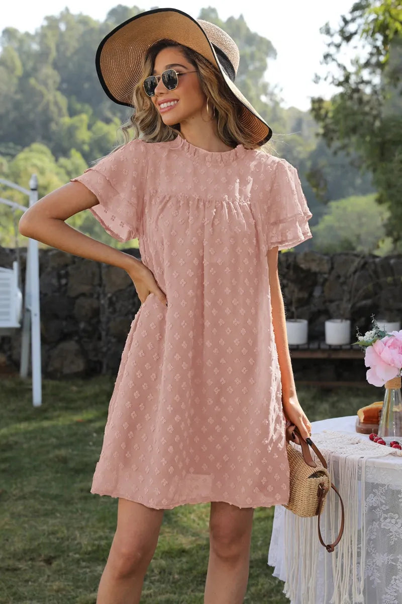 Swiss Dot Round Neck Flutter Sleeve Dress Dusty Pink Casual Dresses - Tophatter Daily Deals