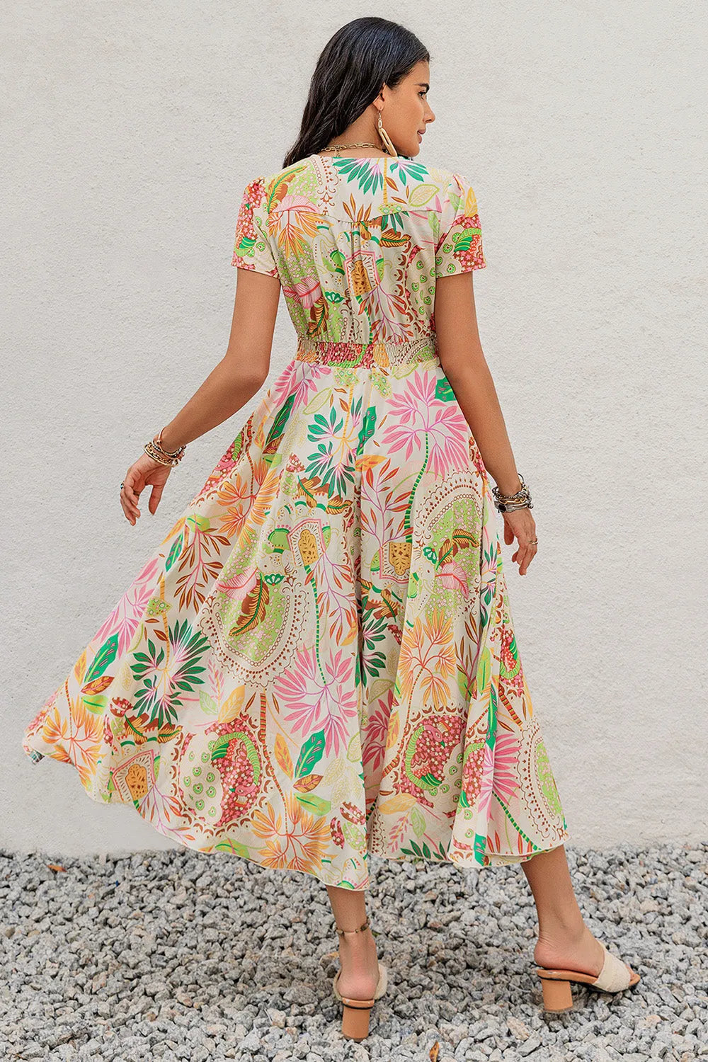 Printed V-Neck Short Sleeve Midi Dress Casual Dresses - Tophatter Daily Deals