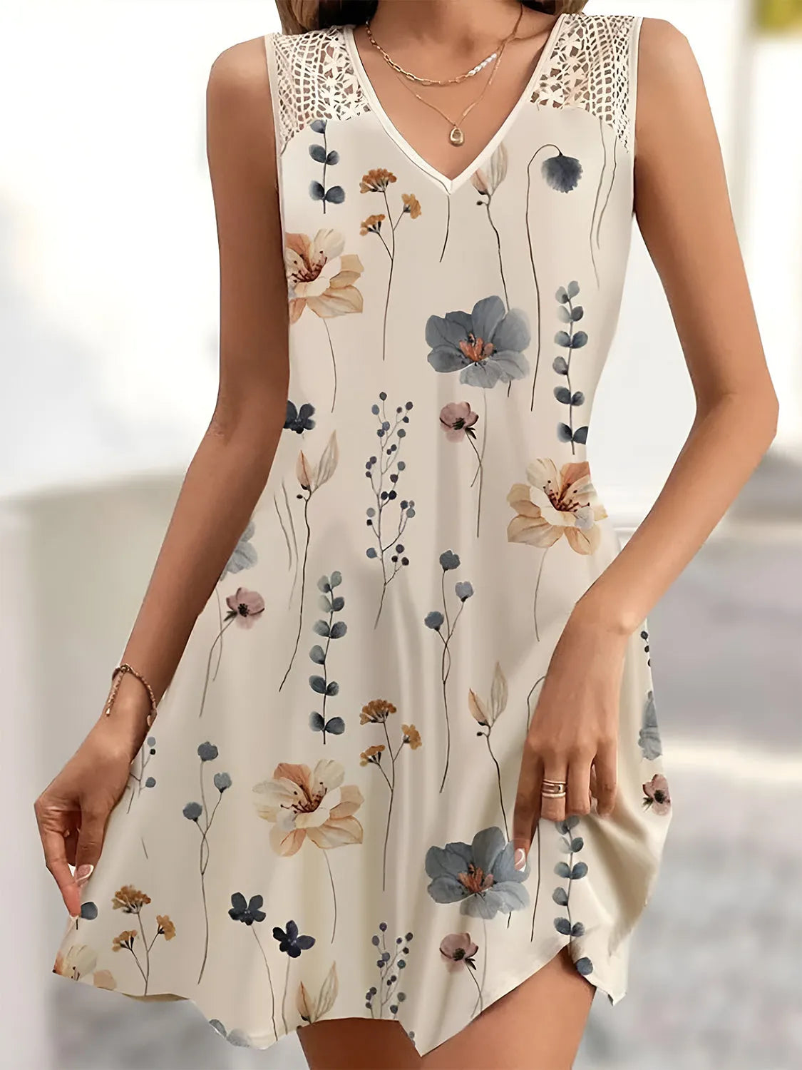 Printed V-Neck Sleeveless Mini Dress Tan Casual Dresses - Tophatter Daily Deals