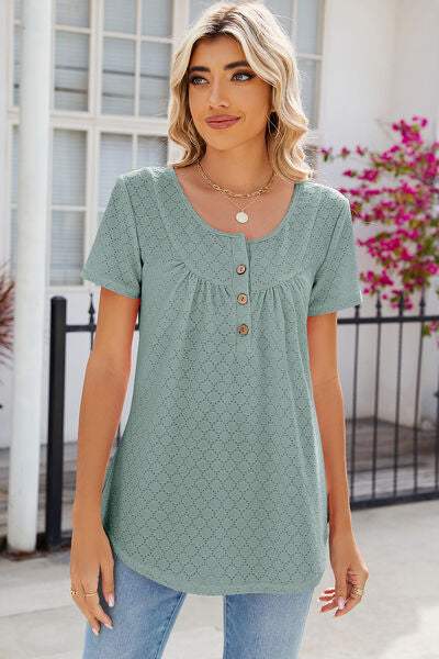 Eyelet Quarter Button Short Sleeve T-Shirt Sage Women's T-Shirts - Tophatter Daily Deals