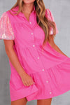 Sequin Button Up Tiered Dress Hot Pink Casual Dresses - Tophatter Daily Deals