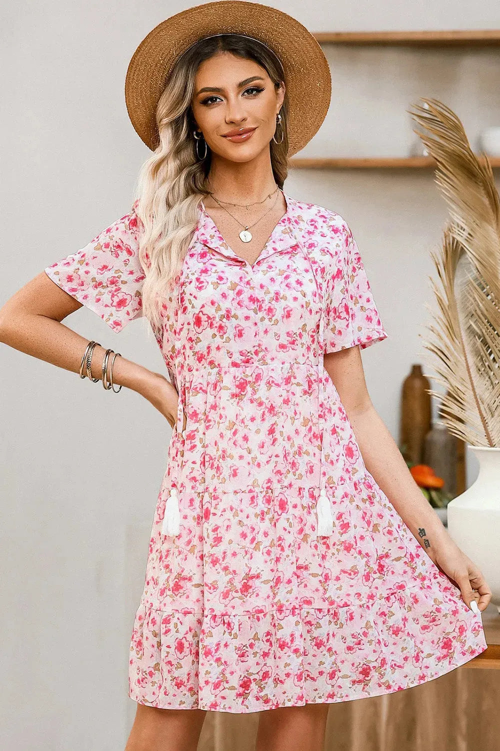 Tie Neck Tiered Mini Dress Casual Dresses - Tophatter Daily Deals