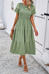 Smocked Round Neck Short Sleeve Midi Dress Casual Dresses - Tophatter Daily Deals