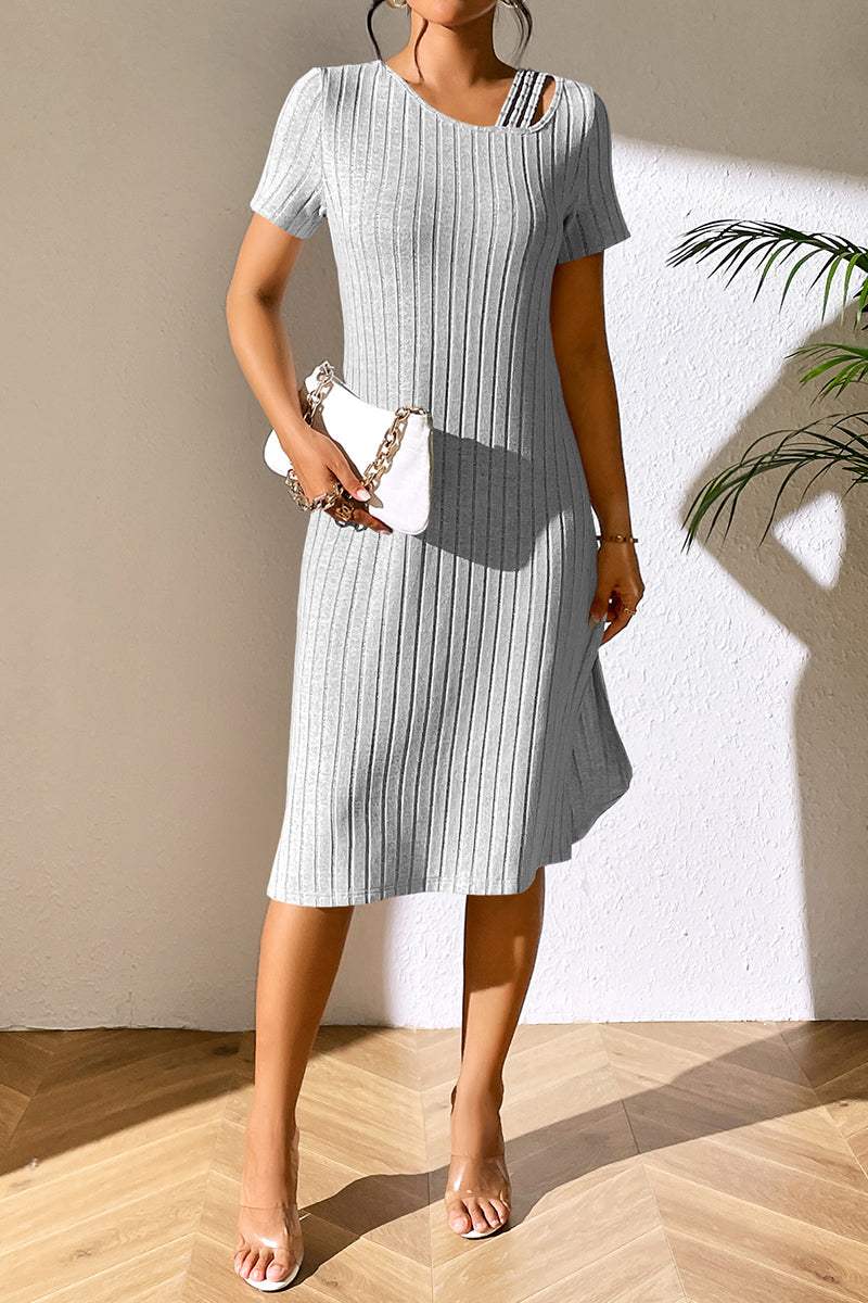 Ribbed Asymmetrical Neck Short Sleeve Dress Light Gray Casual Dresses - Tophatter Daily Deals