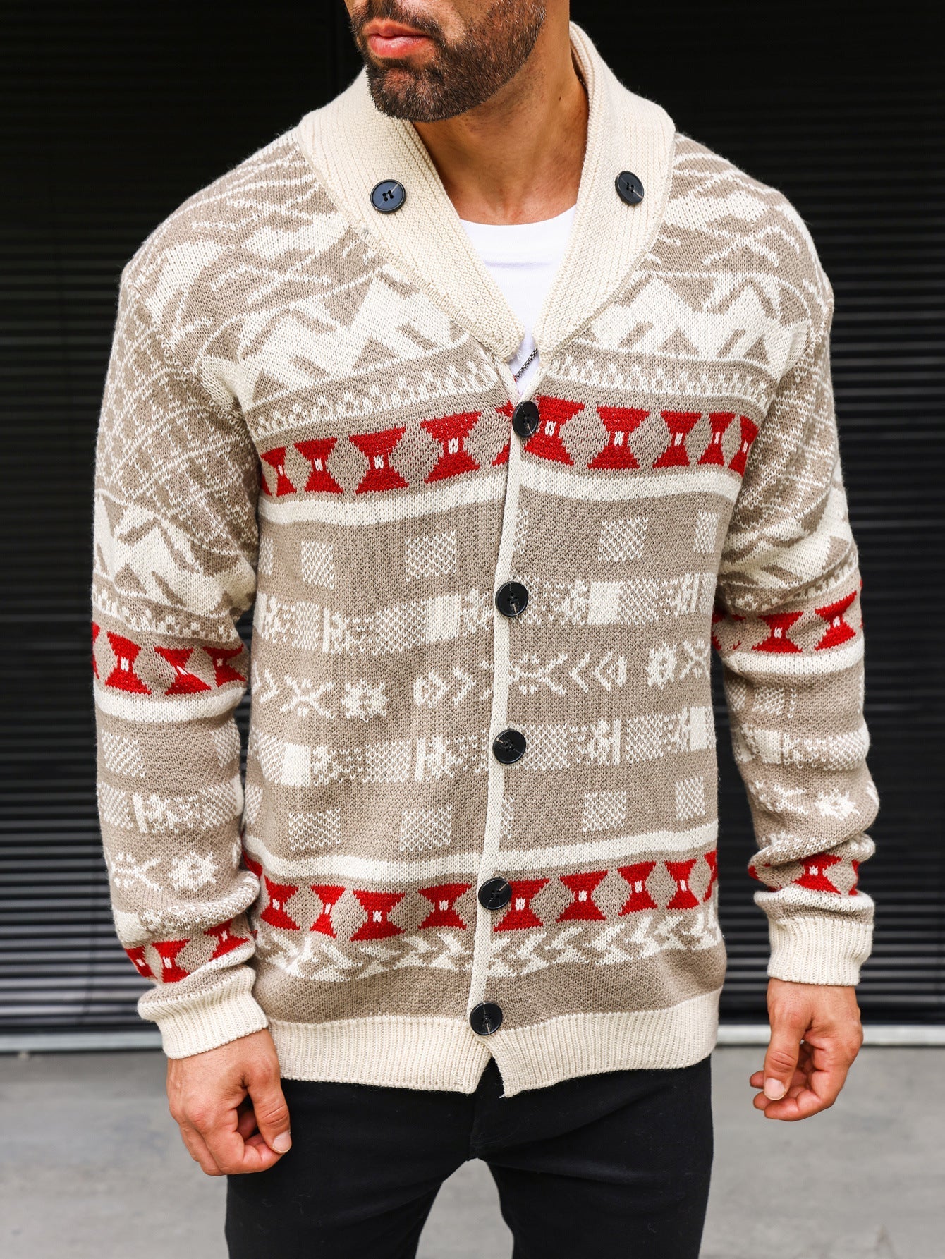 Warm Textured Men's Sweater Coat - Shawl Collar, Thick Knit Beige 3D Changing Face Moving Picture Frame - Tophatter Daily Deals