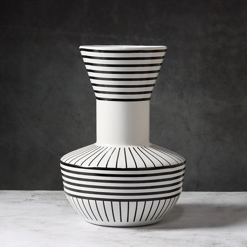 Black And White Striped Geometric Ceramic Vase Flower Ornaments 23x23.34CM 0 - Tophatter Daily Deals