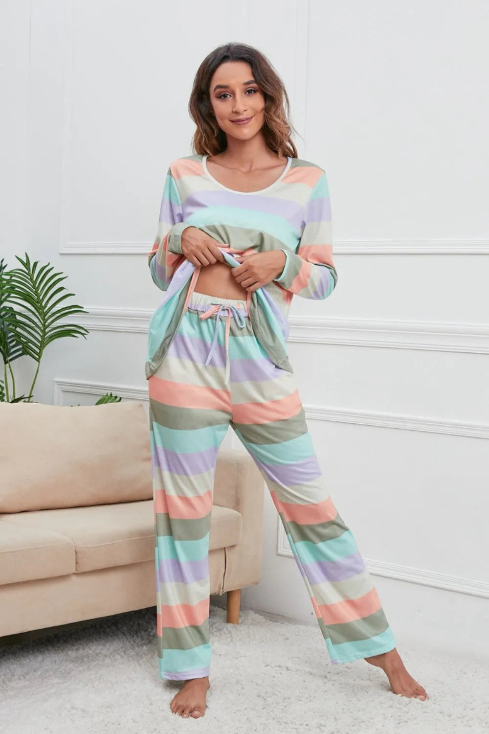 Striped Round Neck Long Sleeve Top and Drawstring Pants Lounge Set Light Blue Loungewear Sets - Tophatter Daily Deals