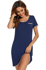 Contrast Trim Pocketed Round Neck Lounge Dress Sleep Dresses - Tophatter Daily Deals