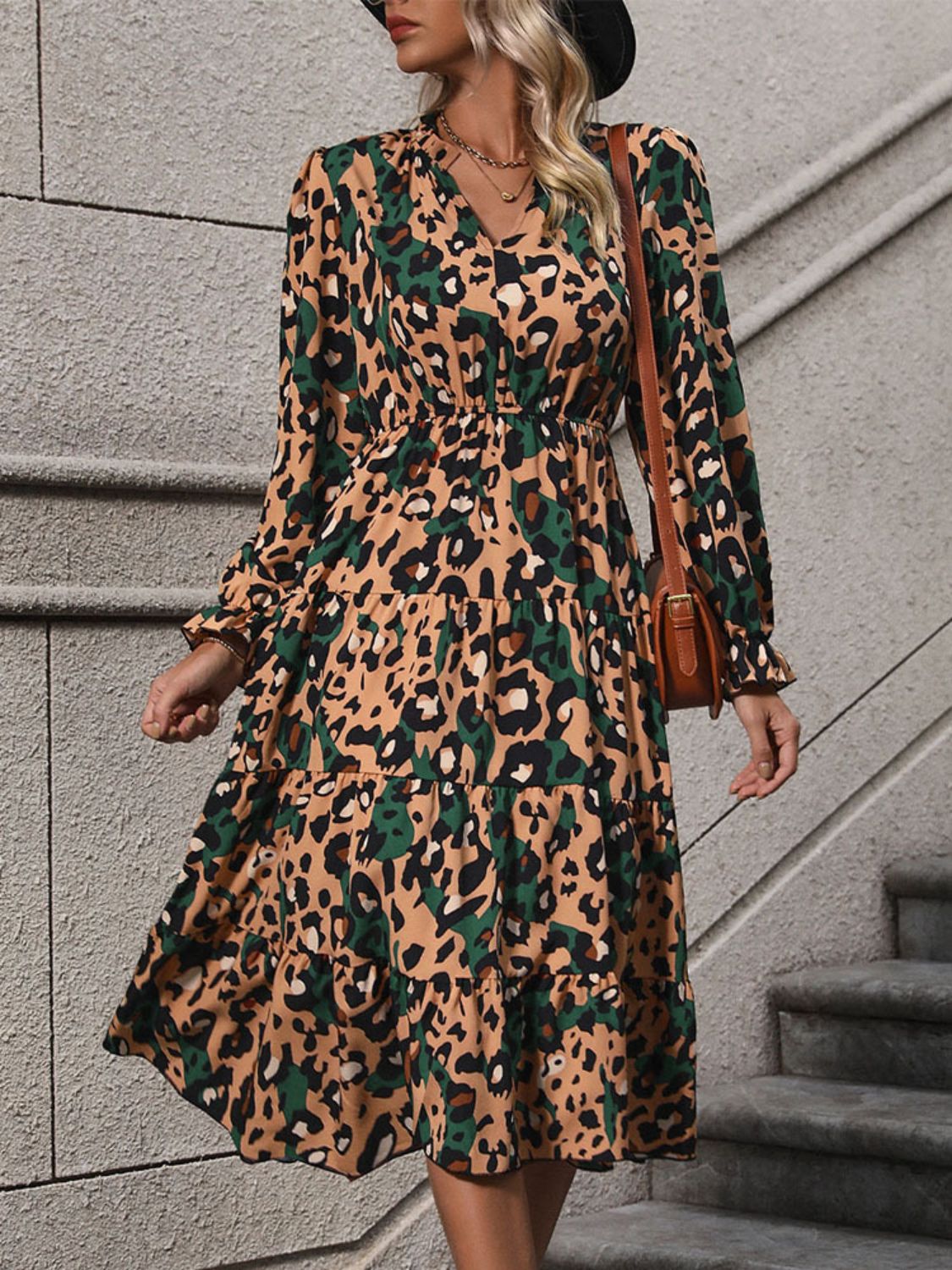 Leopard Notched Flounce Sleeve Midi Dress - Tophatter Deals