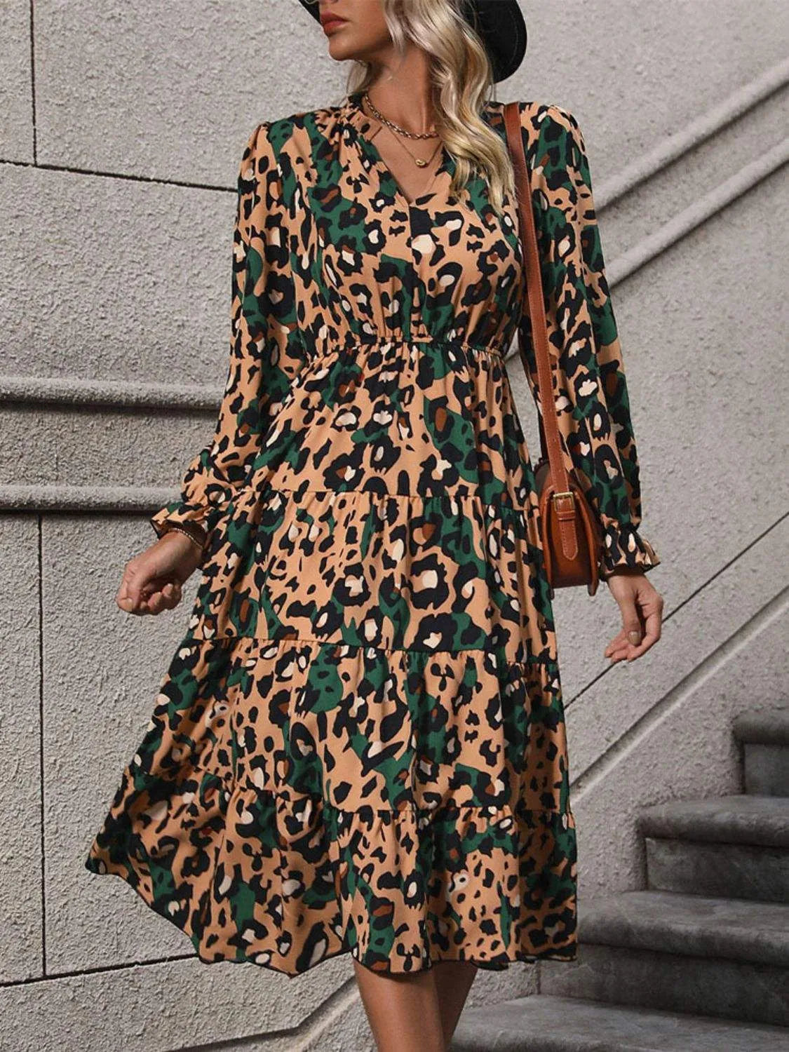 Leopard Notched Flounce Sleeve Midi Dress Camel Casual Dresses - Tophatter Daily Deals