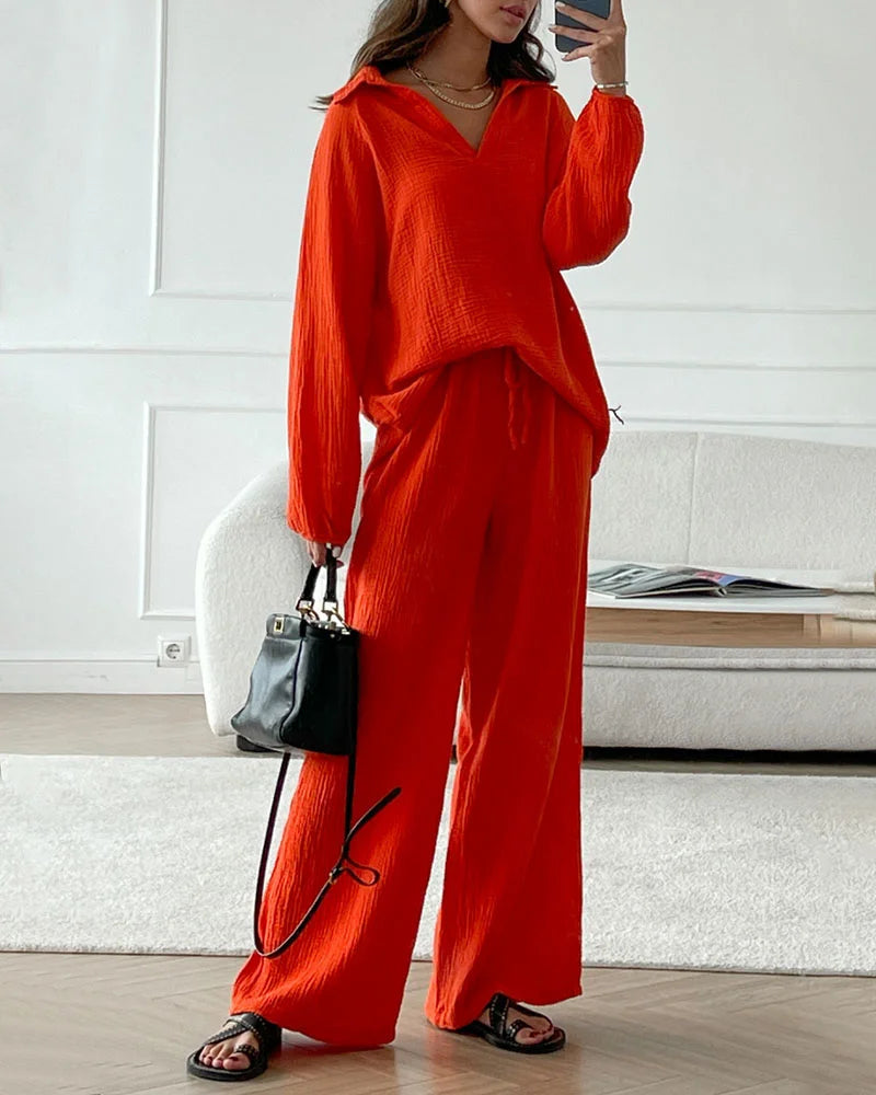 V-Neck Two-piece Set Orange Red Two Pieces Sets - Tophatter Daily Deals