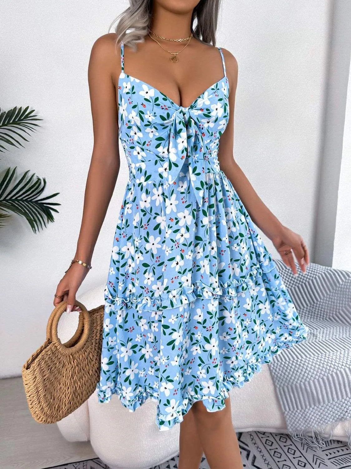 Printed Plunge Cap Sleeve Cami Dress Casual Dresses - Tophatter Daily Deals