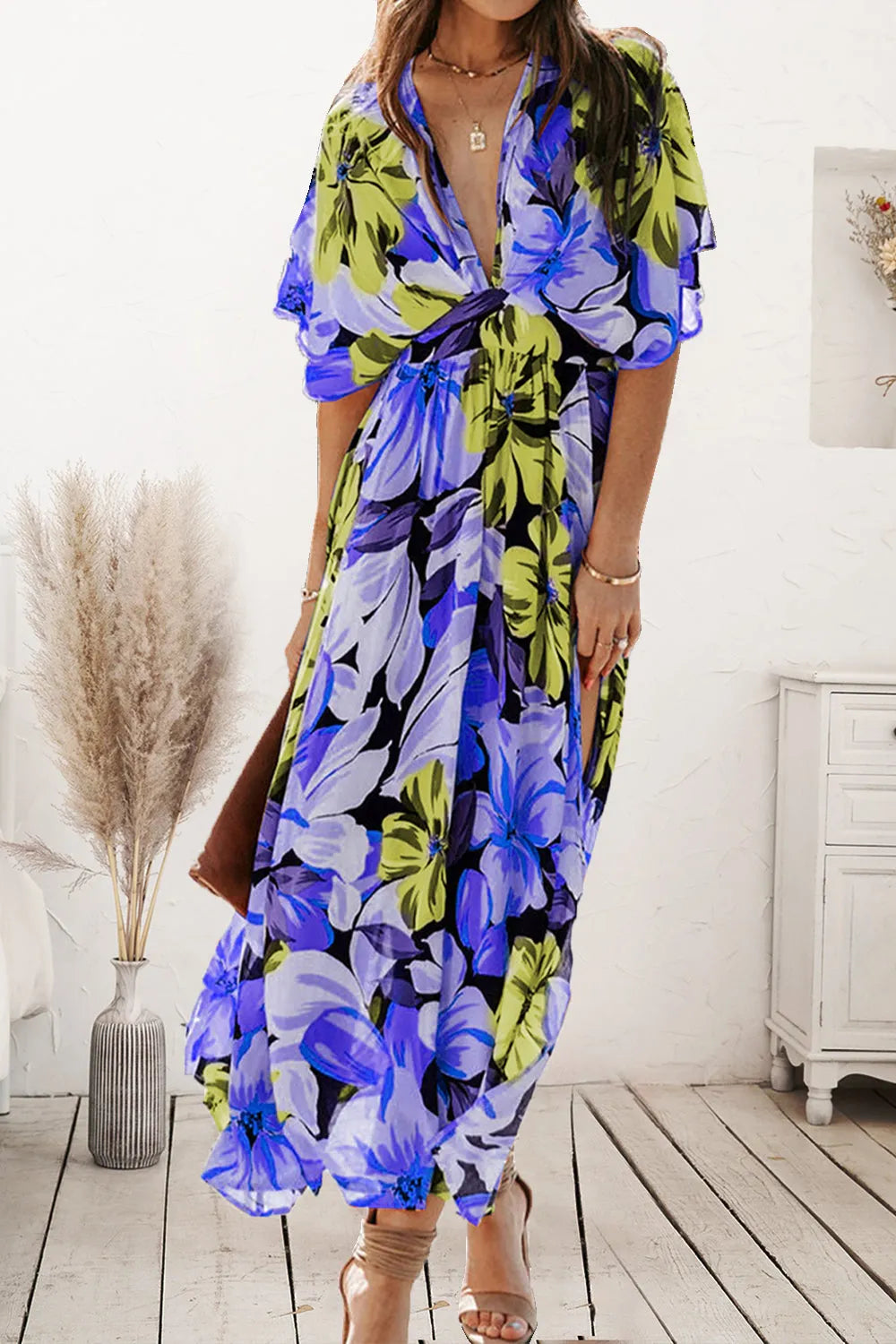 Plunge Printed Split Midi Dress Casual Dresses - Tophatter Daily Deals