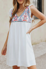 Ruffled Geometric V-Neck Sleeveless Dress White Casual Dresses - Tophatter Daily Deals