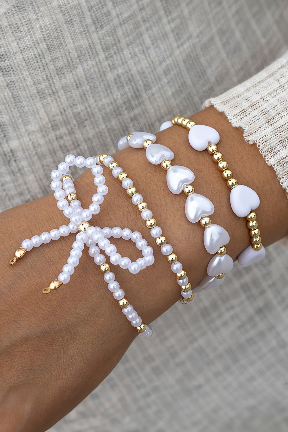 White Bowknot Heart Pearl Beaded Bracelet Set White ONE SIZE imitation pearl Bracelets - Tophatter Daily Deals