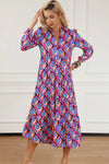 Printed Collared Neck Long Sleeve Midi Dress Vivid Violet Casual Dresses - Tophatter Daily Deals