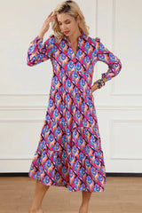 Printed Collared Neck Long Sleeve Midi Dress Vivid Violet Casual Dresses - Tophatter Daily Deals