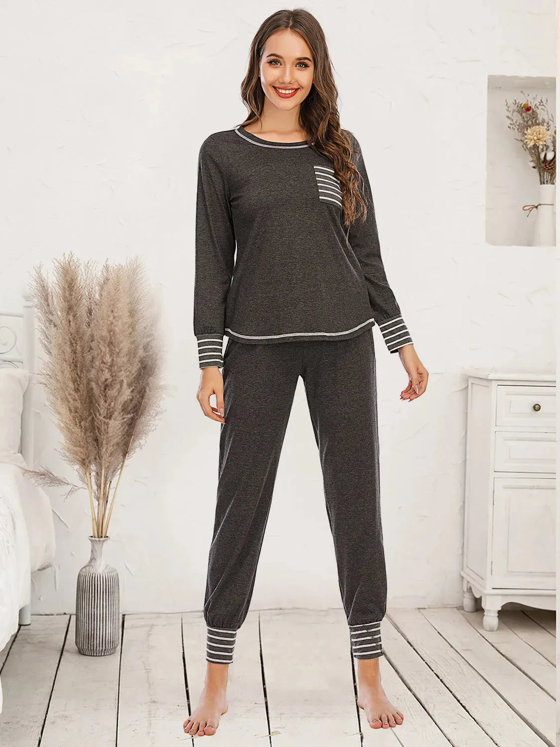 Round Neck Top and Pants Lounge Set Charcoal Loungewear Sets - Tophatter Daily Deals