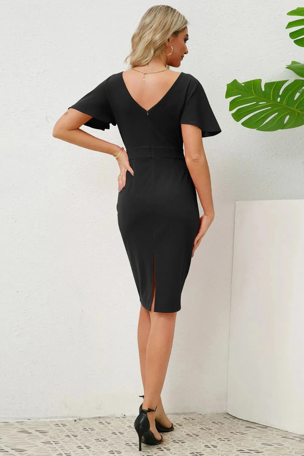 Slit Round Neck Flutter Sleeve Dress Cocktail Dresses - Tophatter Daily Deals
