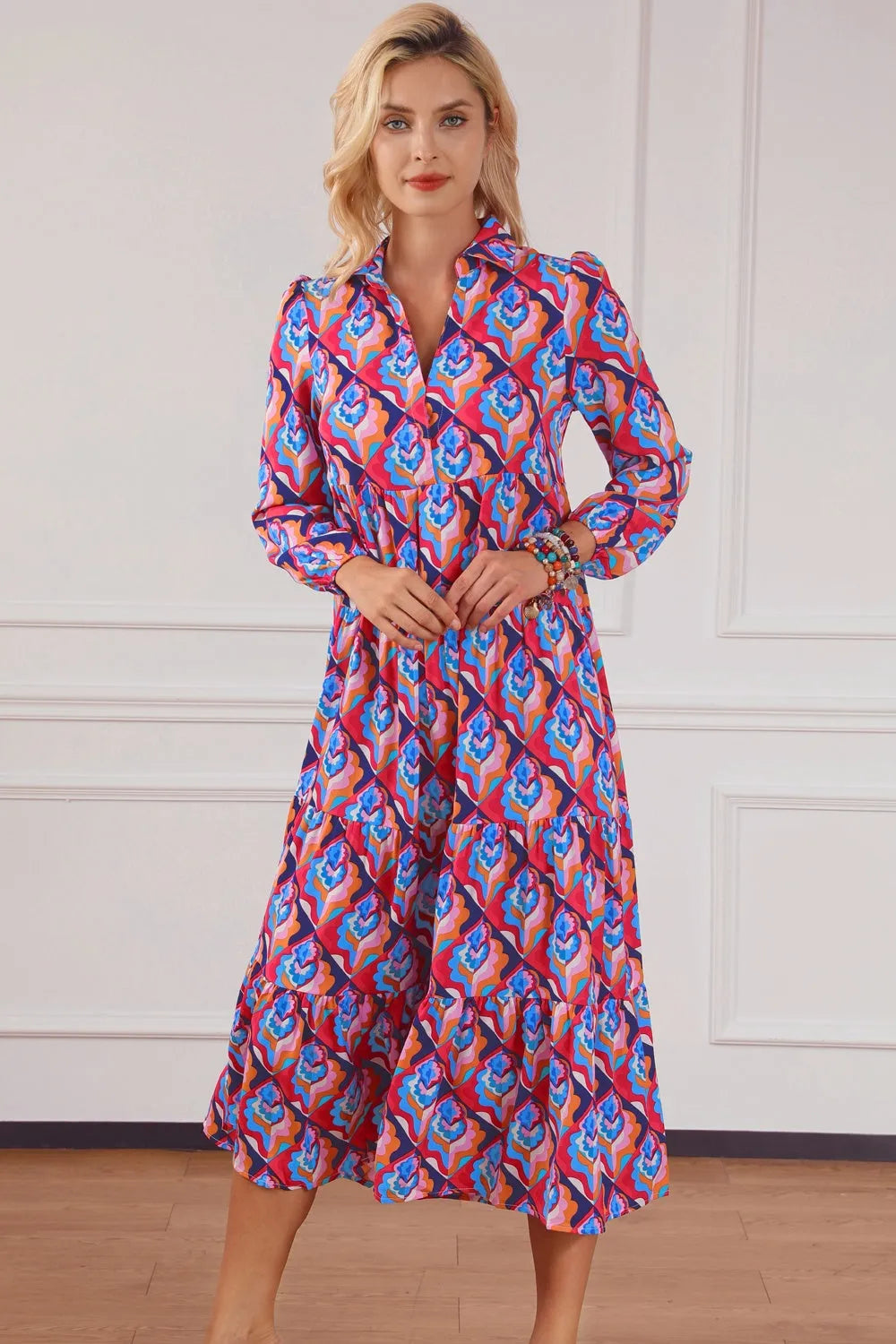 Printed Collared Neck Long Sleeve Midi Dress Casual Dresses - Tophatter Daily Deals