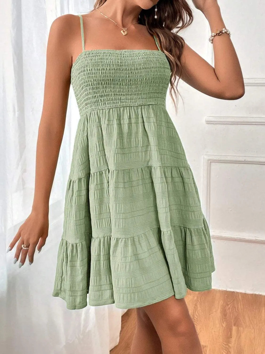 Smocked Tiered Sleeveless Mini Dress Casual Dresses - Tophatter Daily Deals