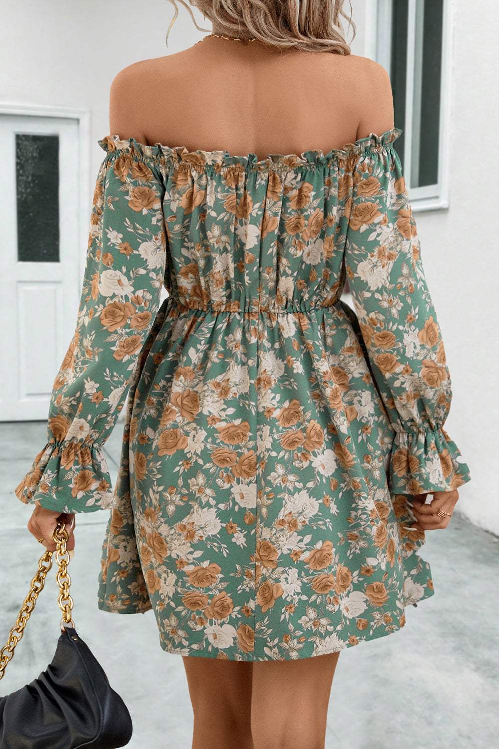 Floral Off-Shoulder Flounce Sleeve Dress Casual Dresses - Tophatter Daily Deals