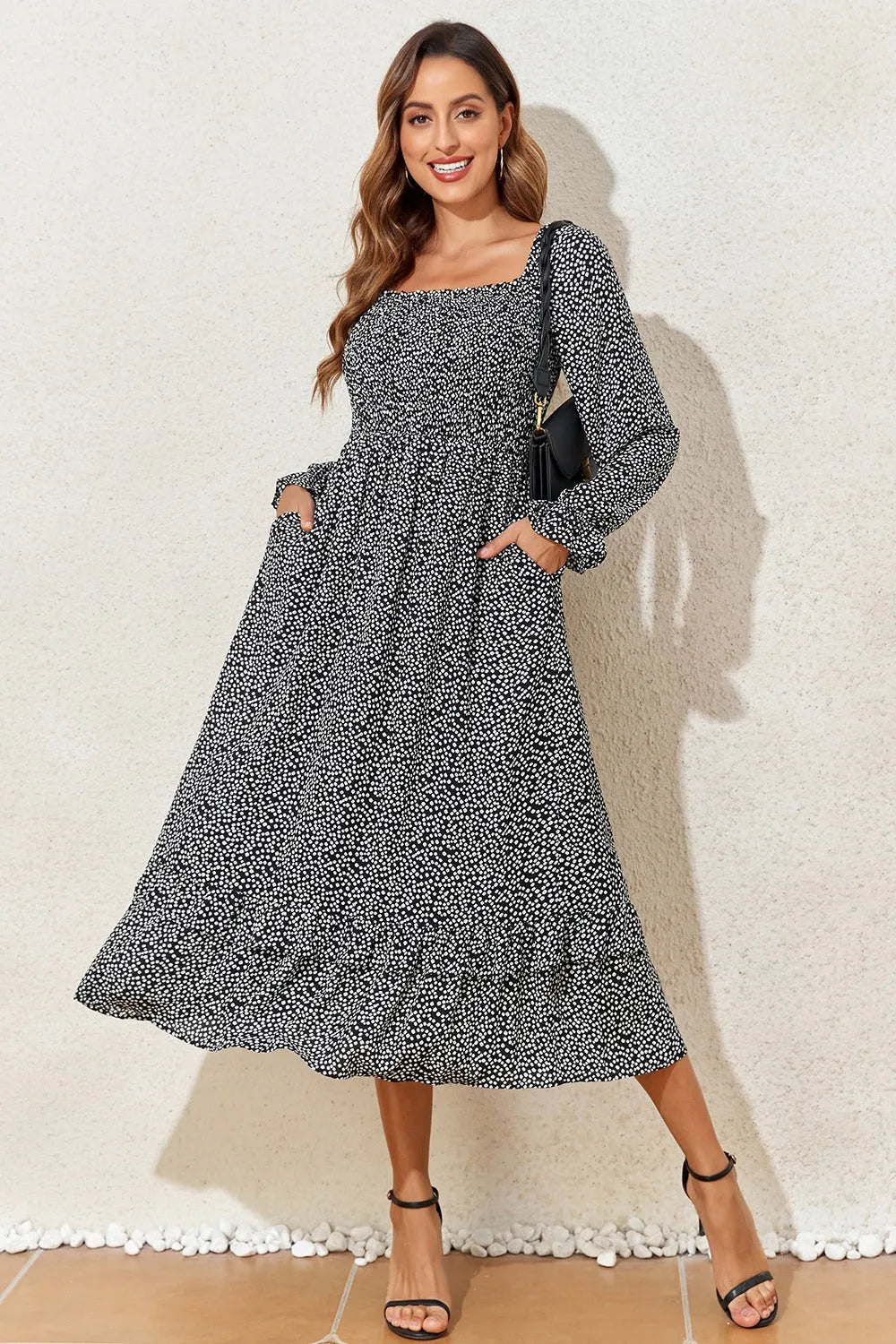 Printed Square Neck Long Sleeve Midi Dress Casual Dresses - Tophatter Daily Deals