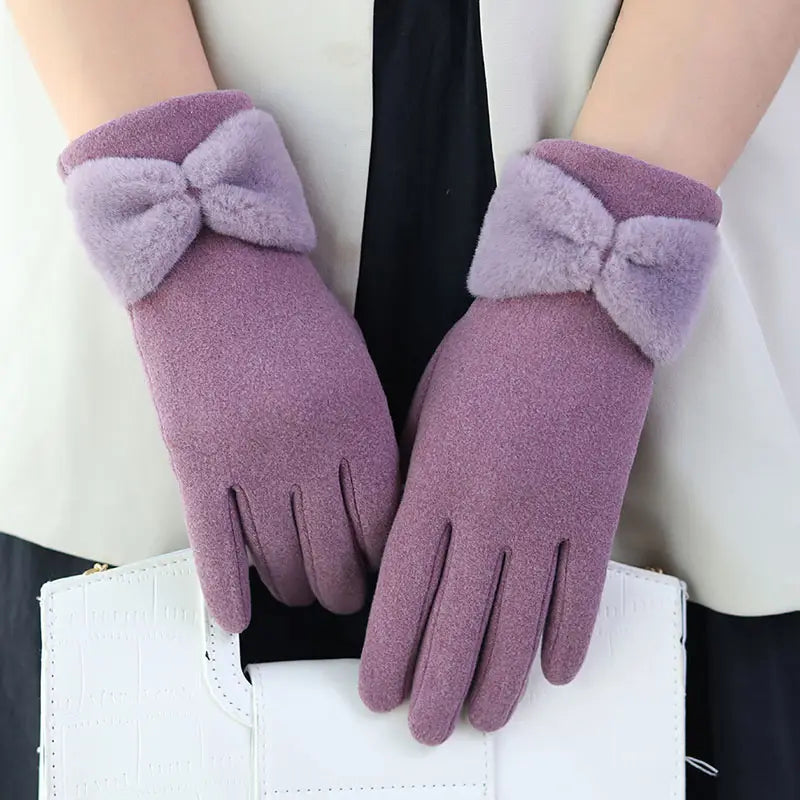 Warm Women Gloves - Bow Cuff, Fleece Lined, For Winter Purple One Size - Tophatter Daily Deals