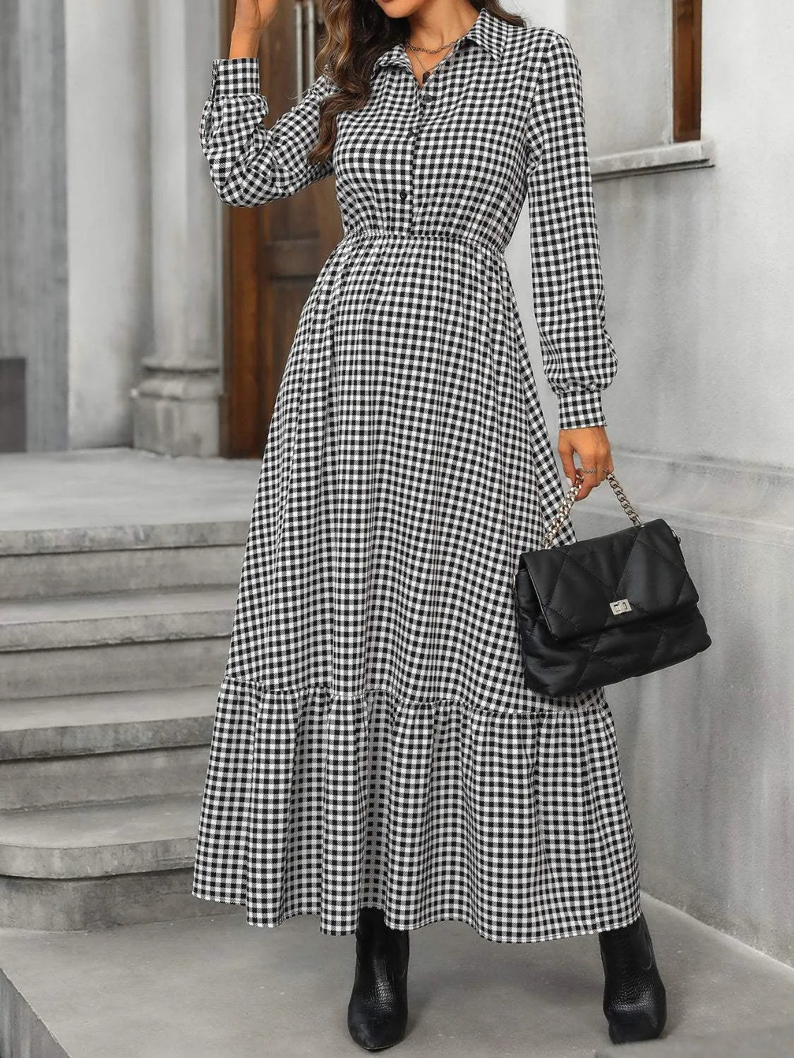 Ruffle Hem Plaid Long Sleeve Dress Casual Dresses - Tophatter Daily Deals