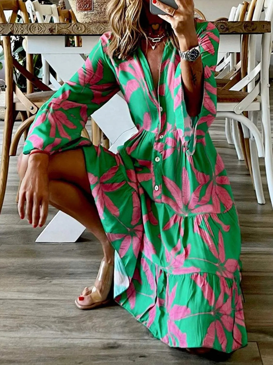 Printed Notched Long Sleeve Mini Dress Casual Dresses - Tophatter Daily Deals