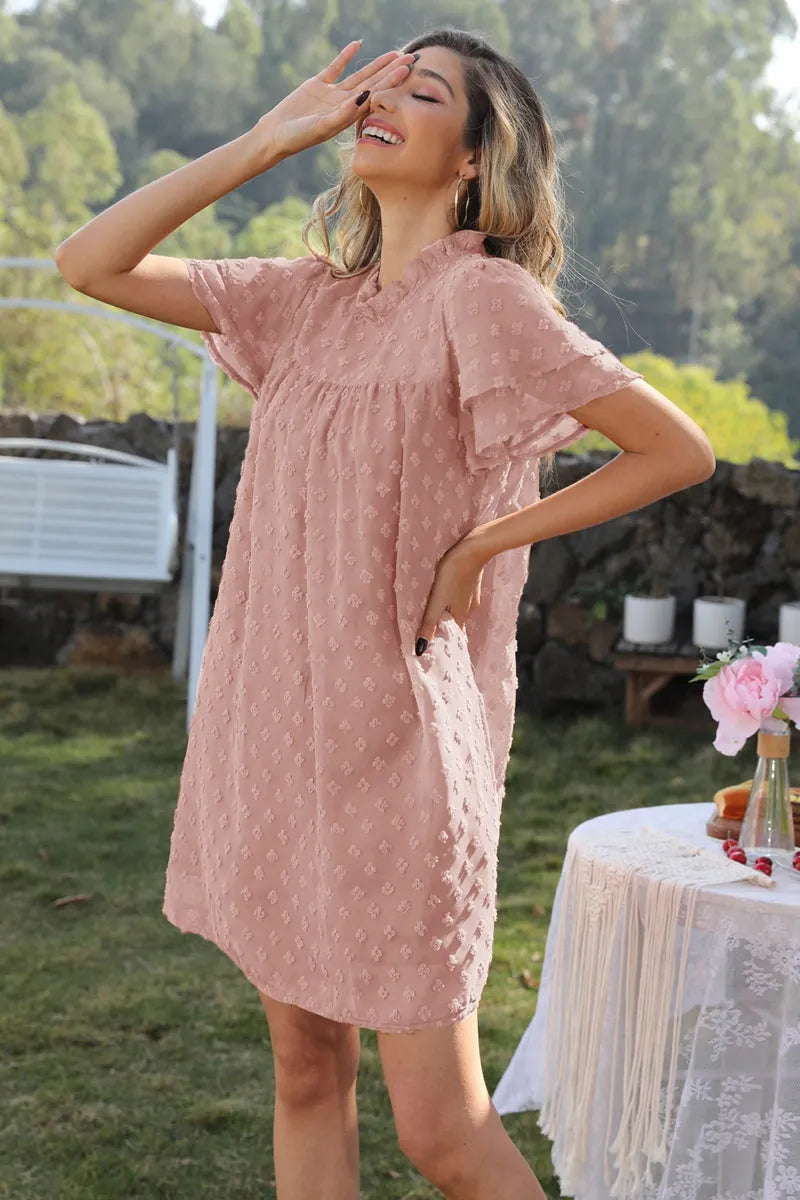 Swiss Dot Round Neck Flutter Sleeve Dress Casual Dresses - Tophatter Daily Deals