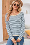 Striped Round Neck Drop Shoulder T-Shirt Charcoal Blouses - Tophatter Daily Deals