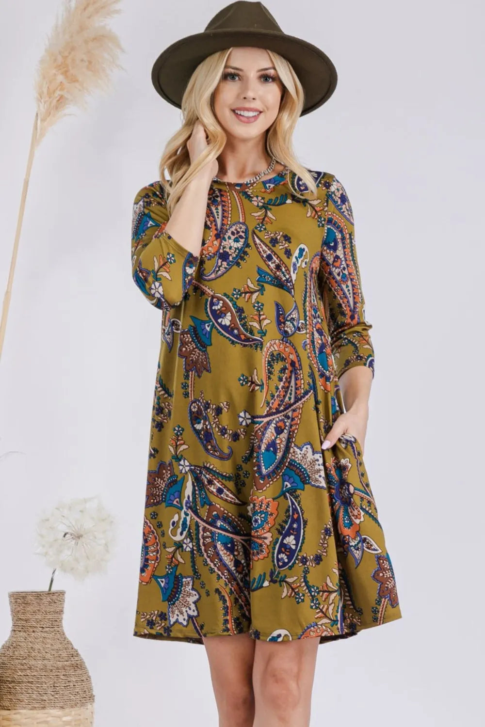 Celeste Full Size Paisley Print Round Neck Dress with Pockets Casual Dresses - Tophatter Daily Deals