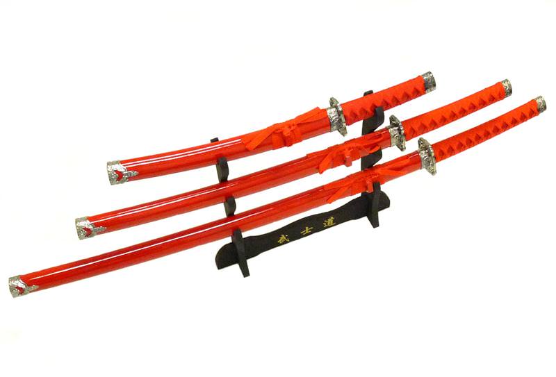 3-pc. Samurai Sword Set With Display Stand Red Collectible Weapons - Tophatter Daily Deals