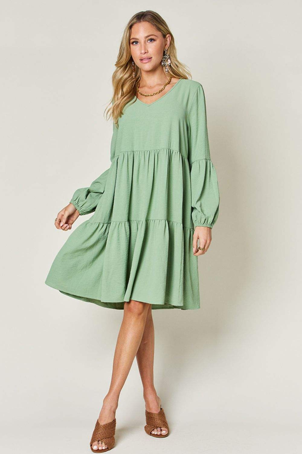 Double Take Full Size V-Neck Balloon Sleeve Tiered Dress Casual Dresses - Tophatter Daily Deals