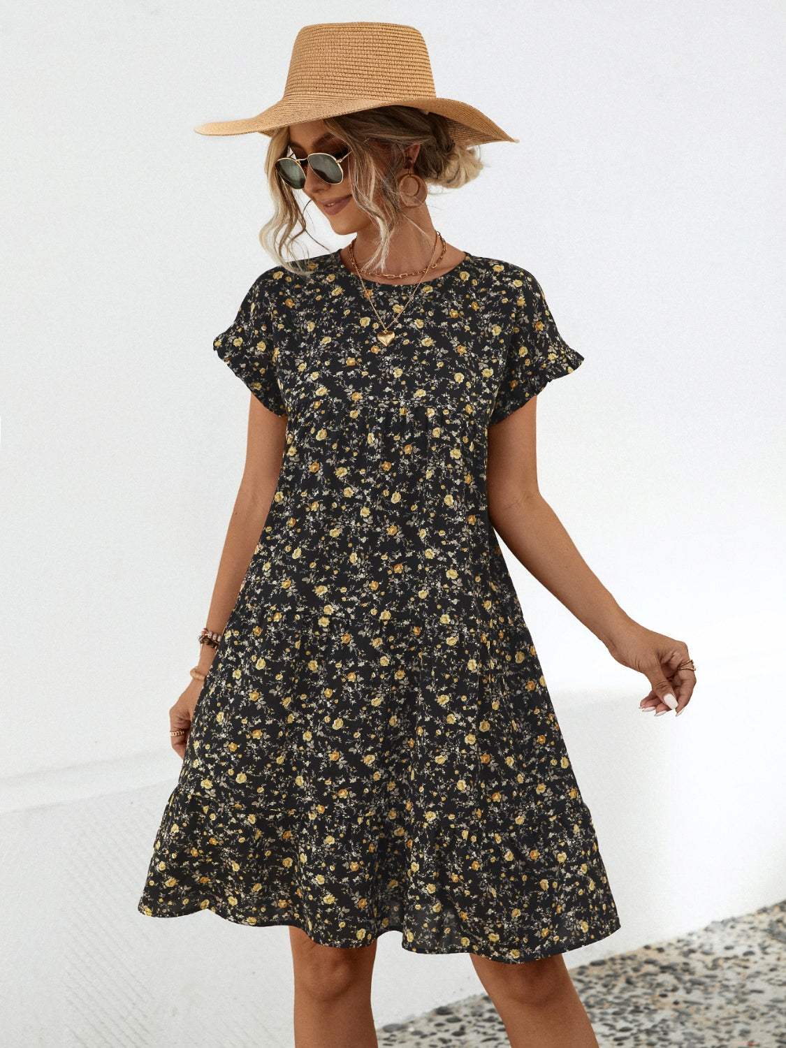 Frill Floral Round Neck Short Sleeve Tiered Dress Casual Dresses - Tophatter Daily Deals