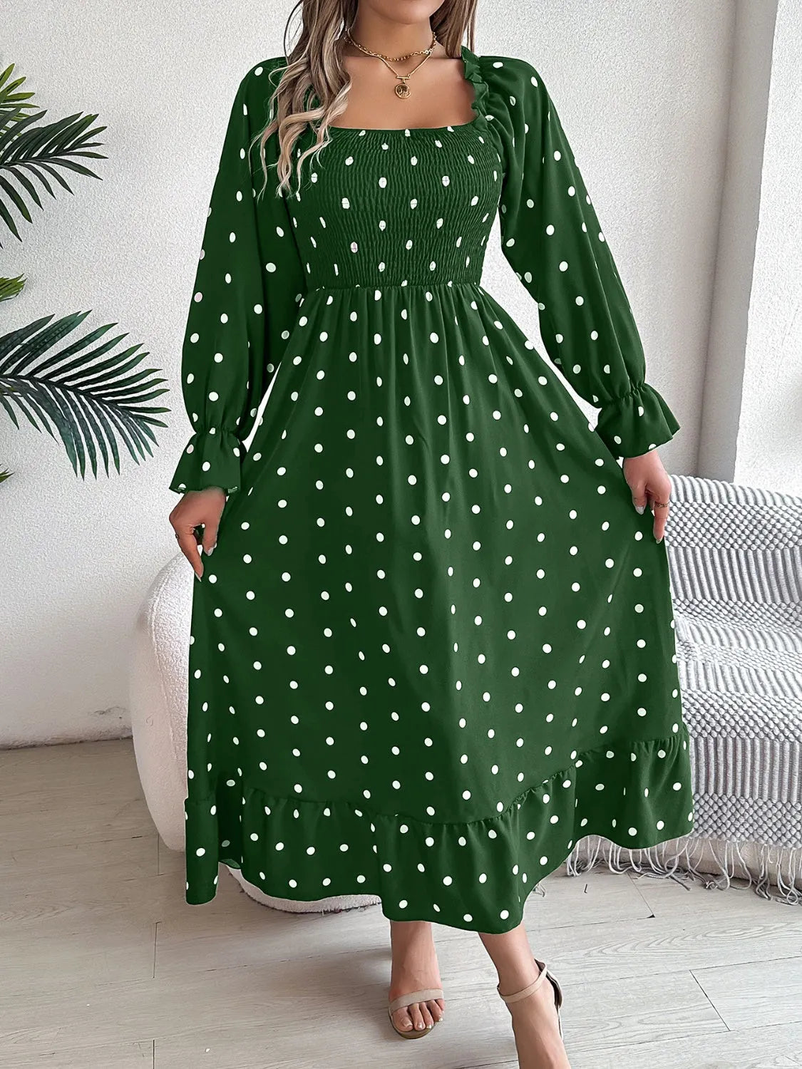 Polka Dot Flounce Sleeve Midi Dress Casual Dresses - Tophatter Daily Deals