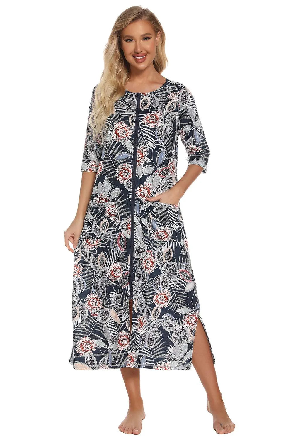 Printed Slit Night Dress with Pockets Sleep Dresses - Tophatter Daily Deals