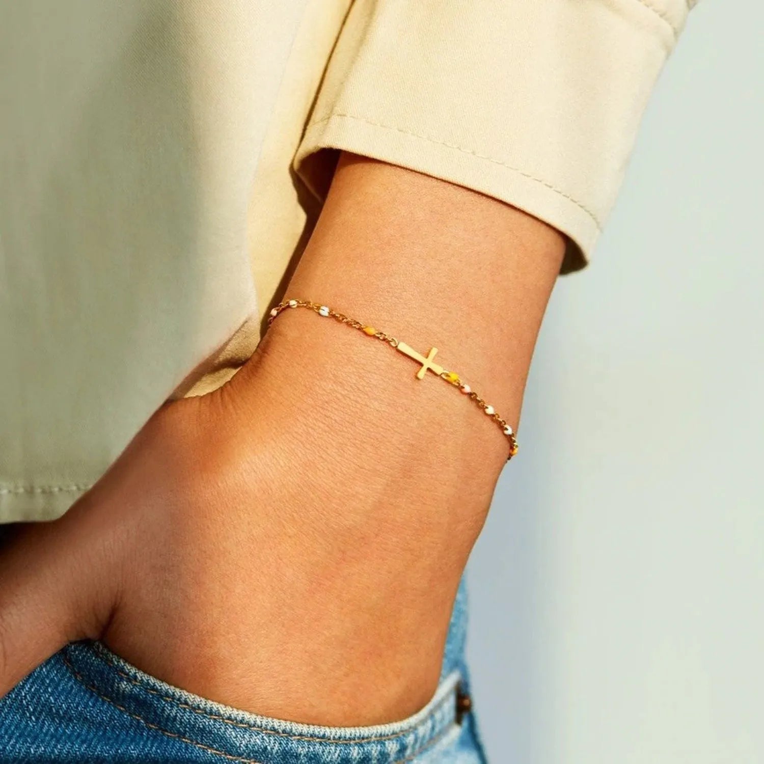 18K Gold-Plated Cross Bead Bracelet Bracelets - Tophatter Daily Deals