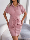 Button Down Ruched Tie Belt Dress Blush Pink Casual Dresses - Tophatter Daily Deals