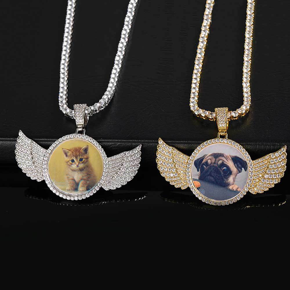Angel Wings Medallions Custom Photo Pendant Necklace For Men Hip Hop Jewelry Iced Out Pendant Custom Engraved Name Memory Gift 7 - Tophatter Daily Deals